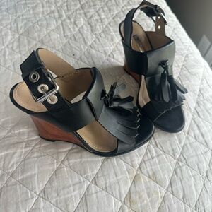 BCBGeneration Black Leather Fringe Wedge Sandals